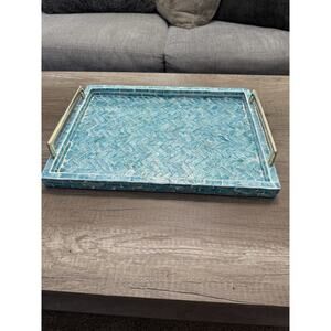PEMAR Rectangular Teal Herringbone Mosaic Tile Serving Tray Metal Gold Handles